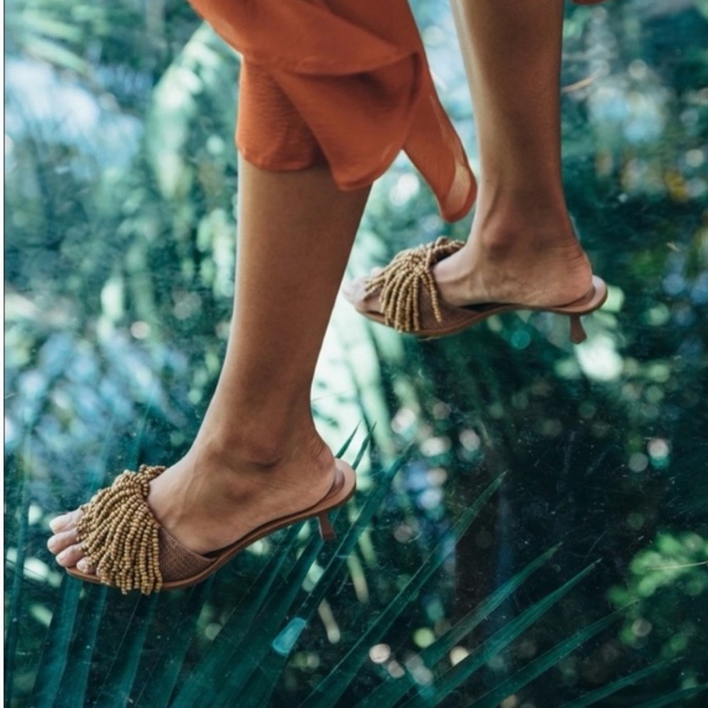 Cult Gaia Beige Beaded Slide Sandals